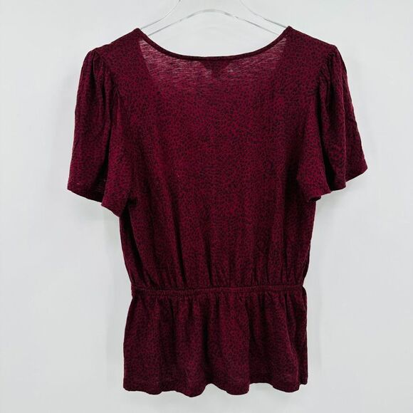 Lucky Brand Sz Small Maroon & Black Animal Print Flutter Sleeve Boho V Neck Top - Picture 8 of 8